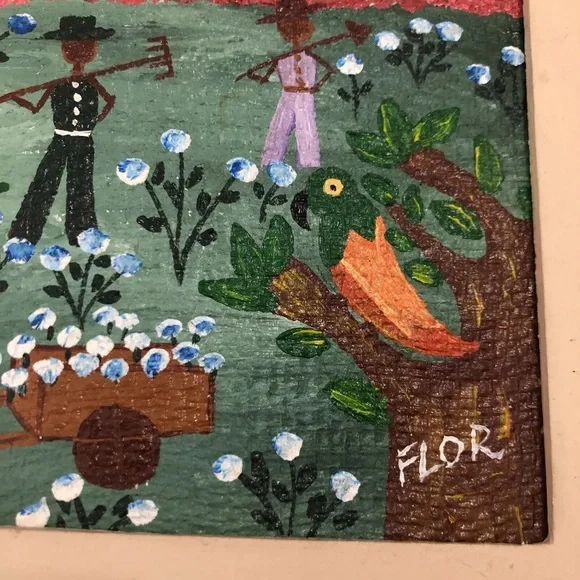 Original Folk Art/Painting/Acrylic on Canvas Picking up Cotton Signed